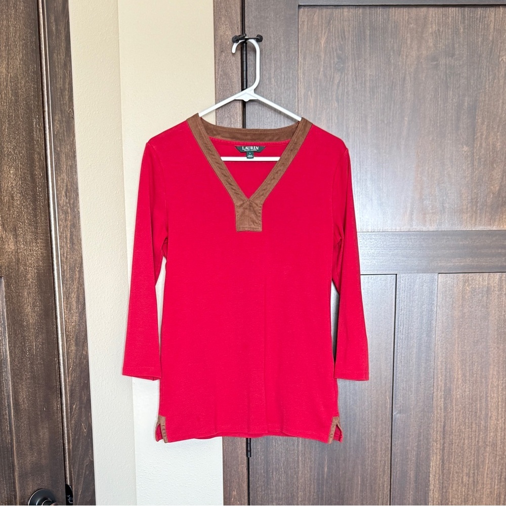 Lauren Ralph Lauren Women’s Red Faux Suede V Neck 3/4 Sleeve Top Size Large